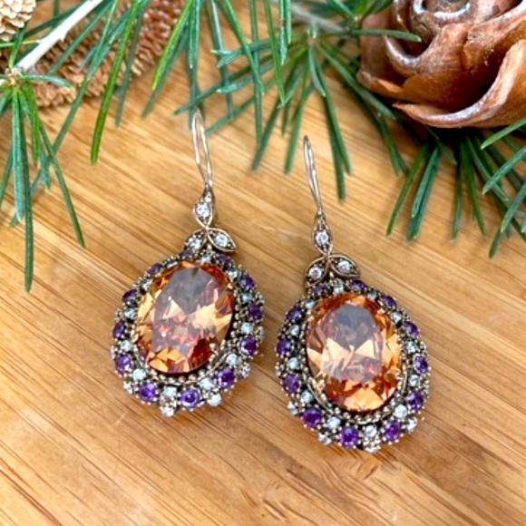 925 Sterling Silver, Orange Topaz, Drop/Dangle Earrings - Picture 5 of 9